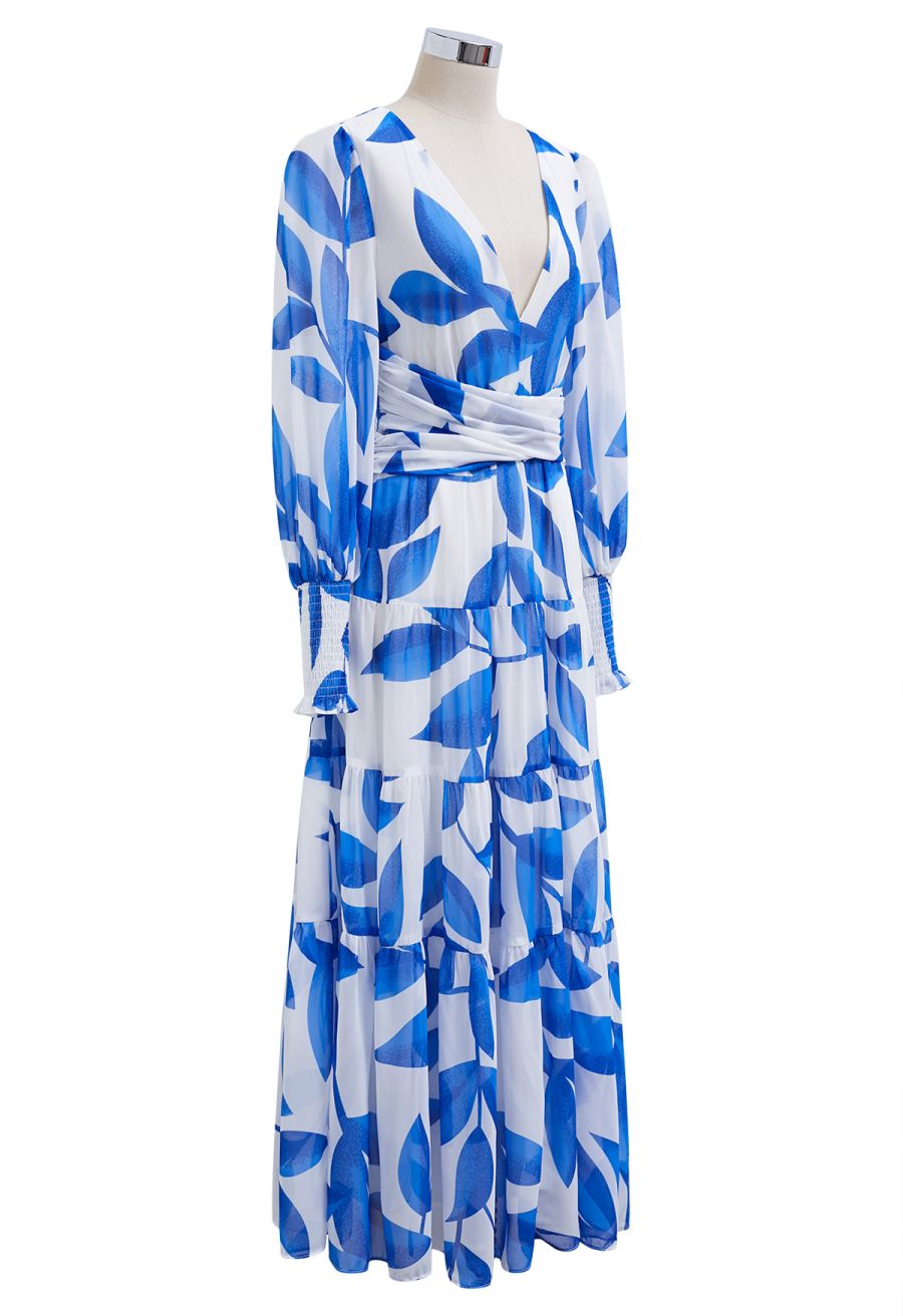 Blue Leaf Crisscross Waist Chiffon Maxi Dress