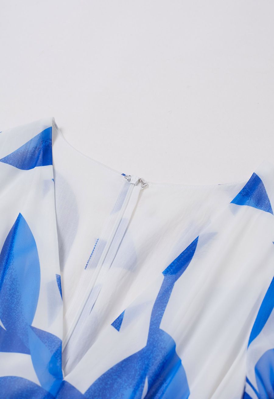 Blue Leaf Crisscross Waist Chiffon Maxi Dress