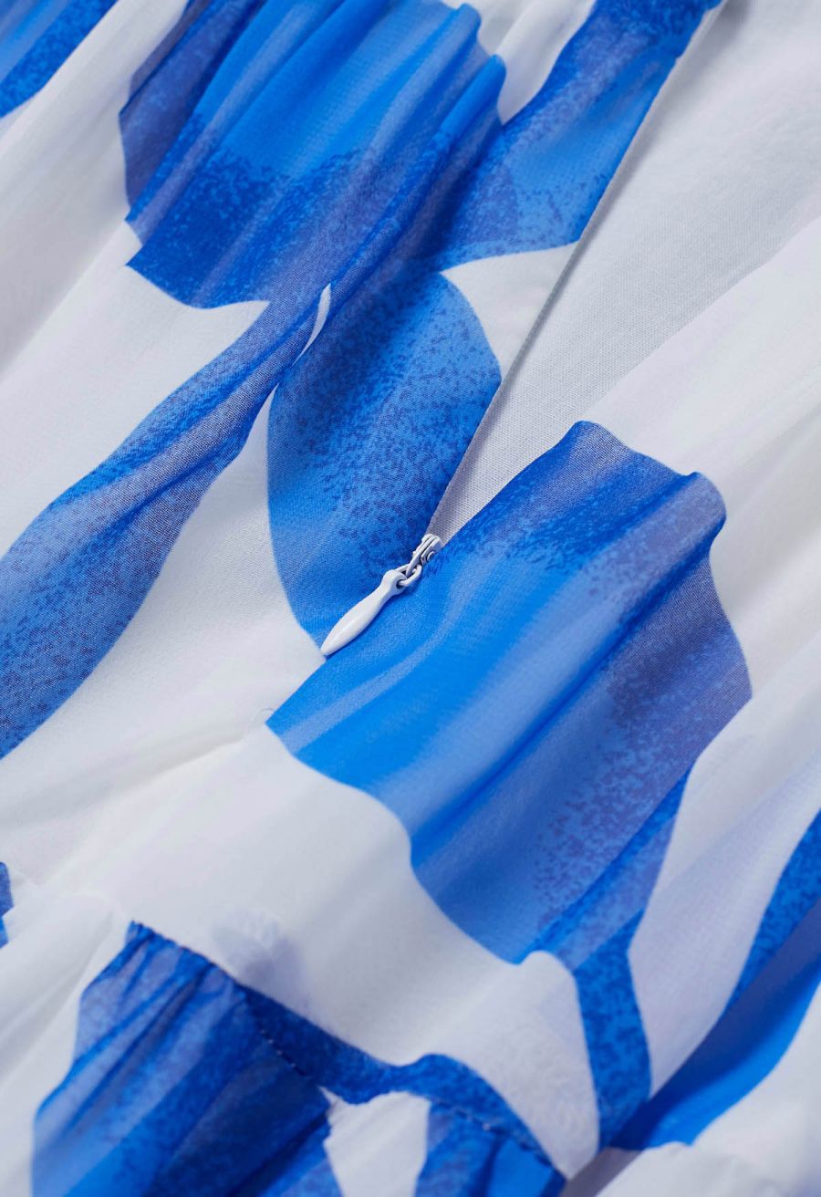 Blue Leaf Crisscross Waist Chiffon Maxi Dress