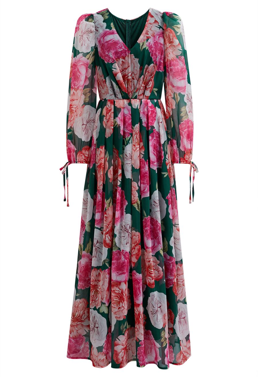 Bubble Sleeves Blossom Chiffon Maxi Dress in Green