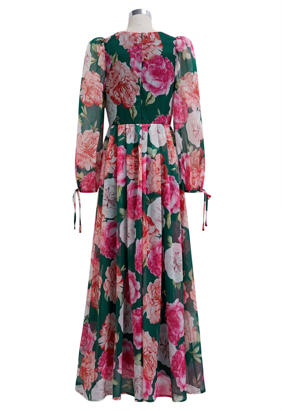 Bubble Sleeves Blossom Chiffon Maxi Dress in Green