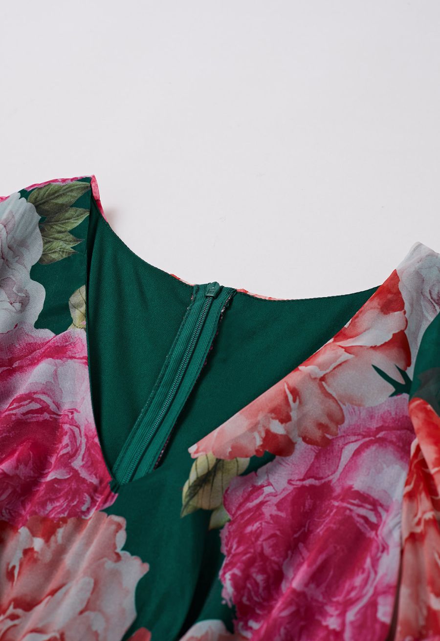 Bubble Sleeves Blossom Chiffon Maxi Dress in Green