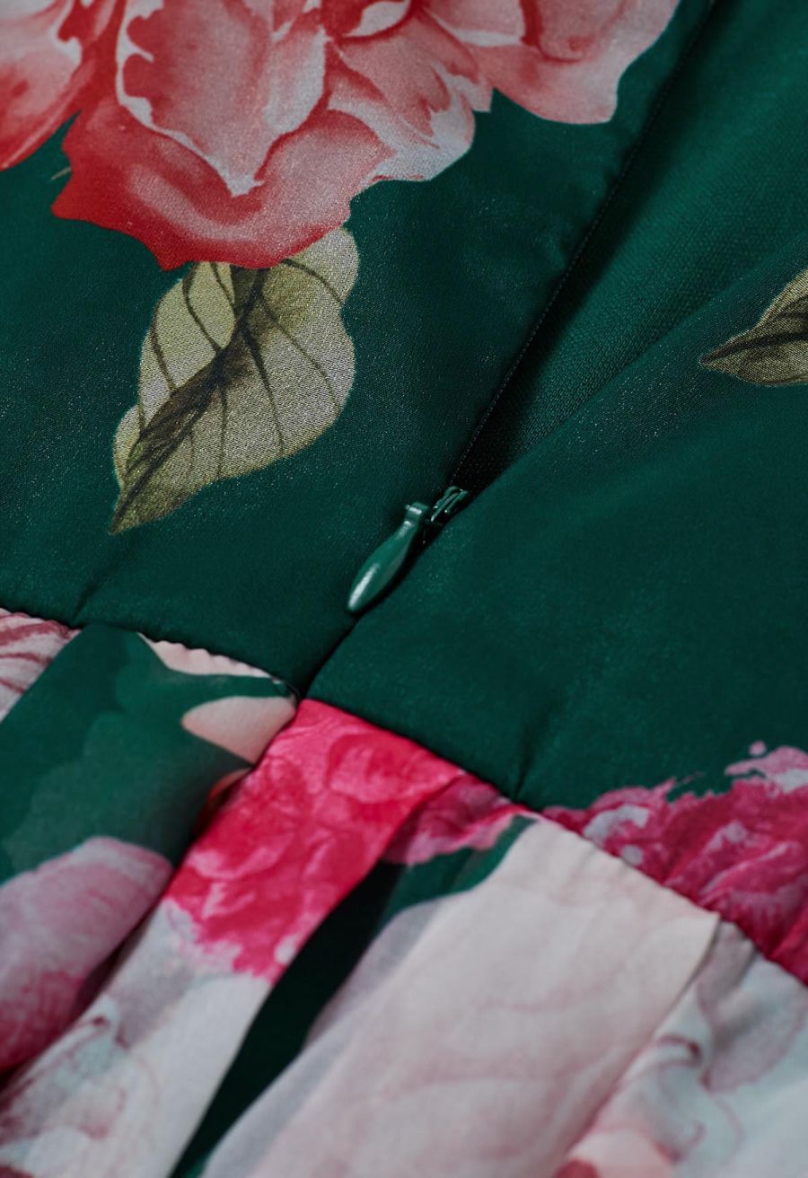 Bubble Sleeves Blossom Chiffon Maxi Dress in Green