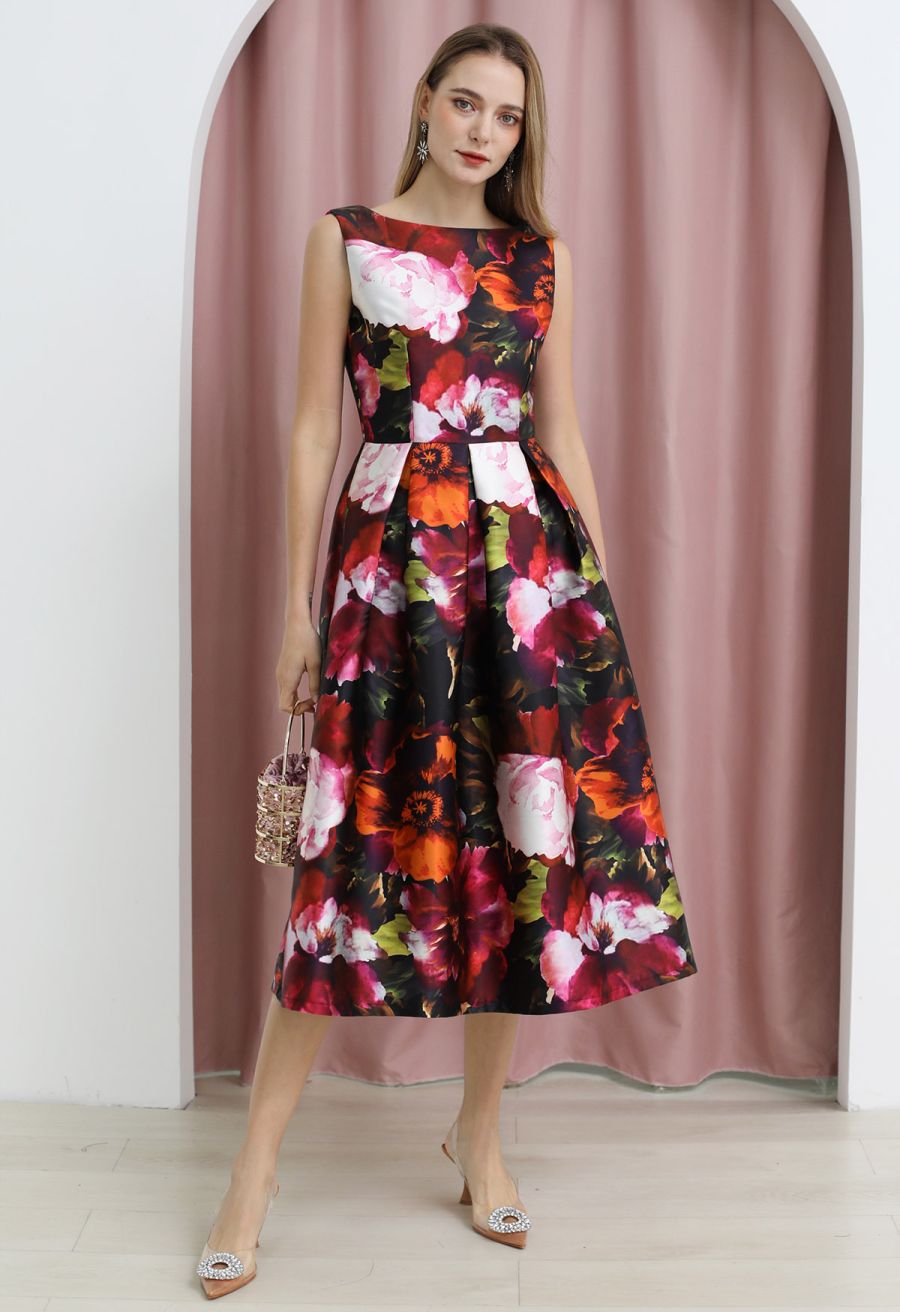 Watercolor Impression Sleeveless Midi Dress