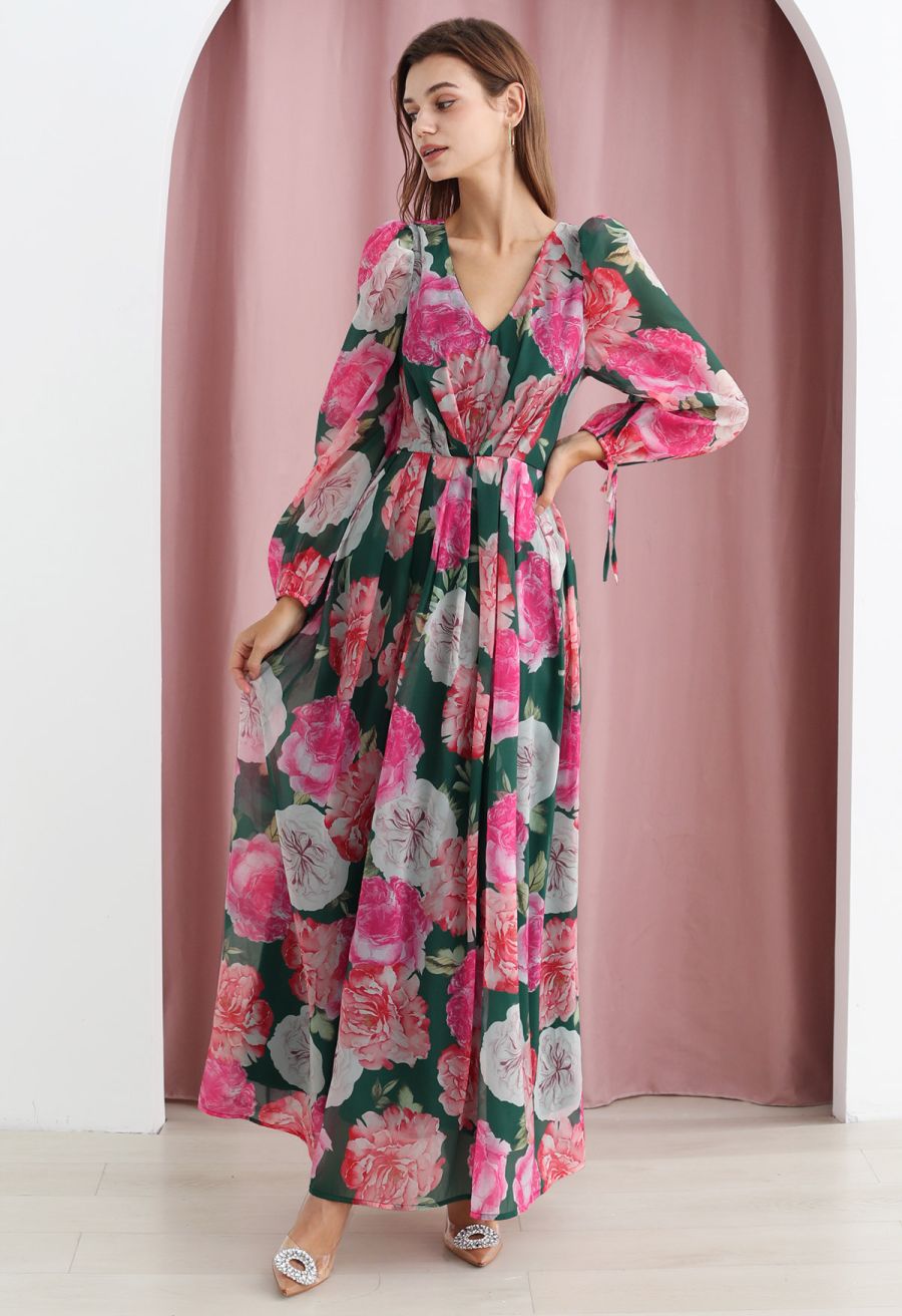 Bubble Sleeves Blossom Chiffon Maxi Dress in Green