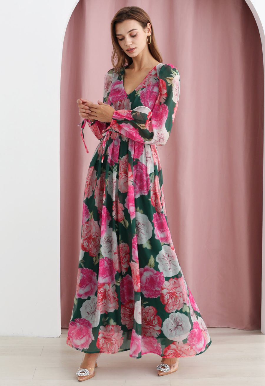Bubble Sleeves Blossom Chiffon Maxi Dress in Green