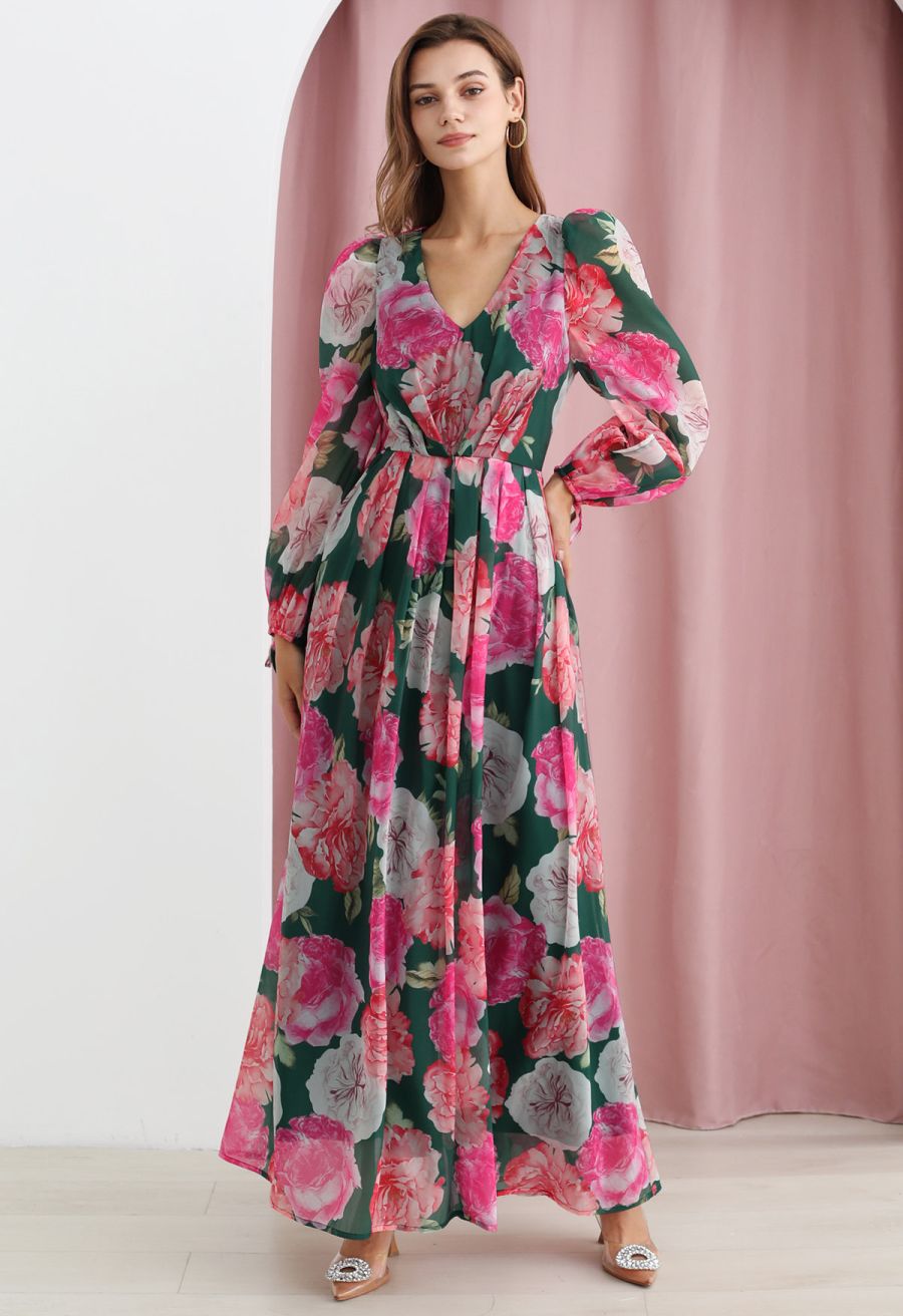 Bubble Sleeves Blossom Chiffon Maxi Dress in Green