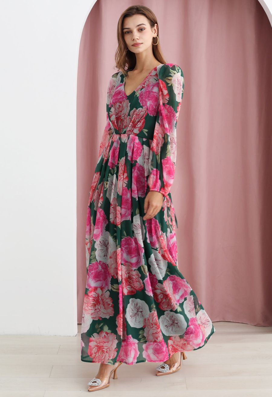 Bubble Sleeves Blossom Chiffon Maxi Dress in Green