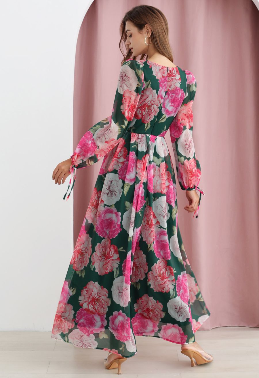 Bubble Sleeves Blossom Chiffon Maxi Dress in Green