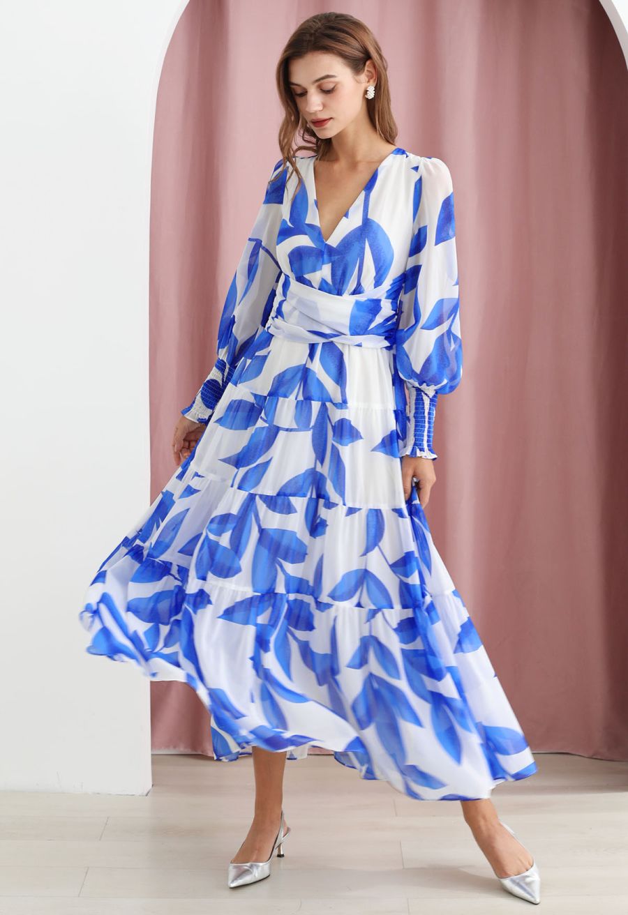 Blue Leaf Crisscross Waist Chiffon Maxi Dress