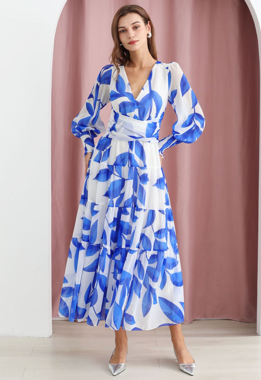Blue Leaf Crisscross Waist Chiffon Maxi Dress