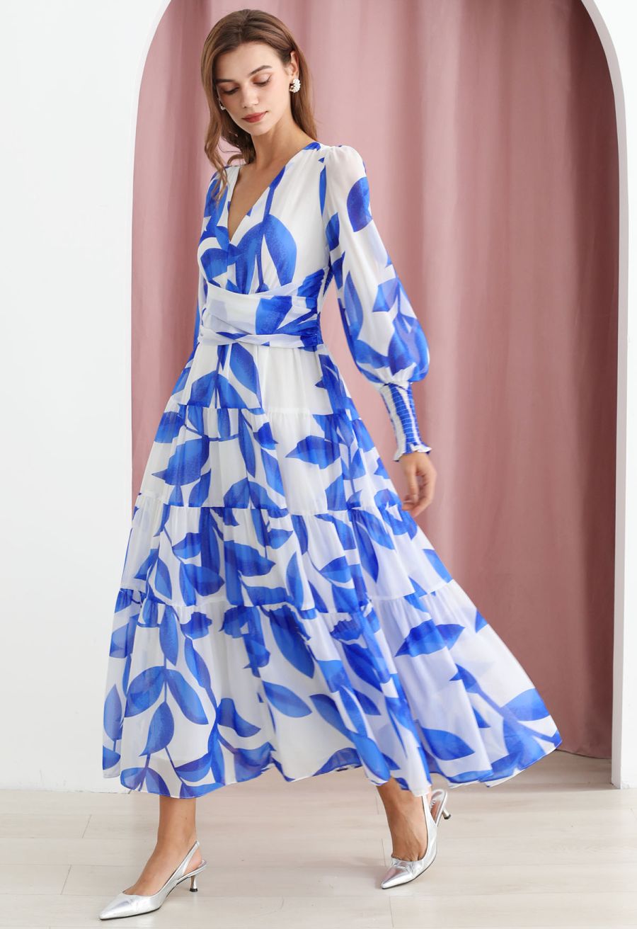 Blue Leaf Crisscross Waist Chiffon Maxi Dress