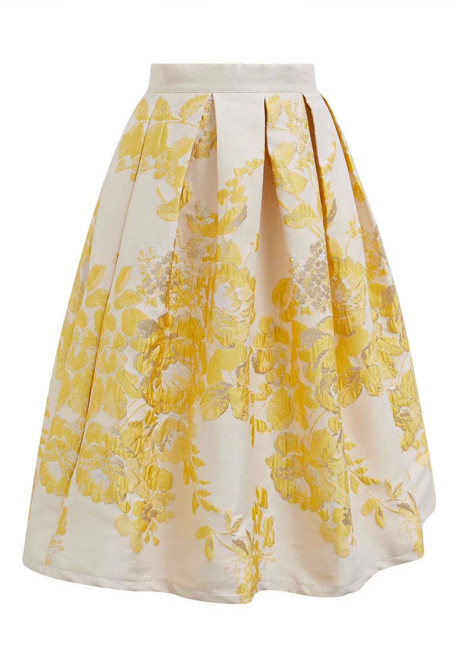 Ebullient Peony Jacquard Pleated Midi Skirt in Yellow