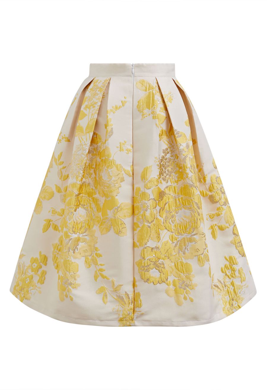 Ebullient Peony Jacquard Pleated Midi Skirt in Yellow