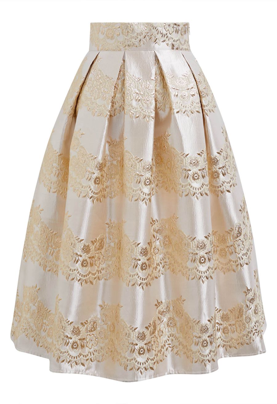 Magnificent Floral Jacquard Pleated Midi Skirt in Champagne