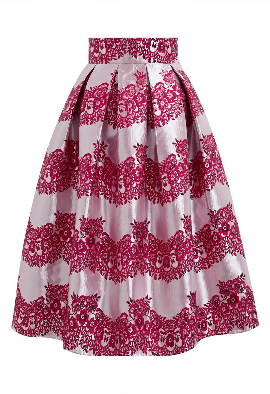 Magnificent Floral Jacquard Pleated Midi Skirt in Red