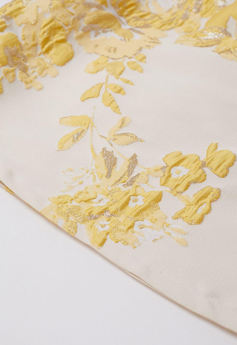 Ebullient Peony Jacquard Pleated Midi Skirt in Yellow