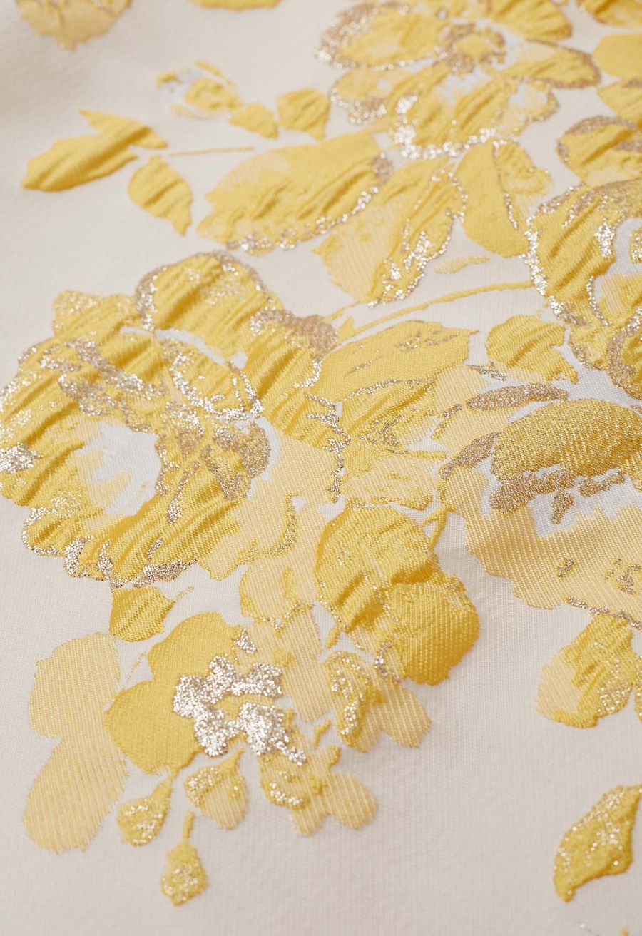 Ebullient Peony Jacquard Pleated Midi Skirt in Yellow
