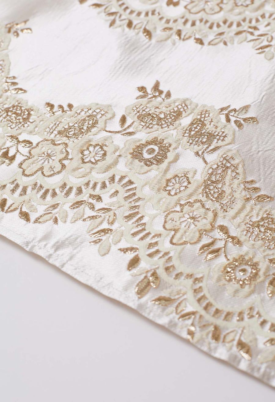 Magnificent Floral Jacquard Pleated Midi Skirt in Champagne