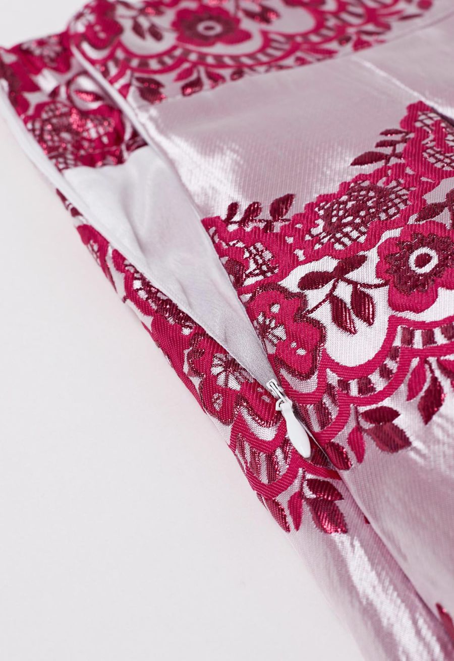 Magnificent Floral Jacquard Pleated Midi Skirt in Red