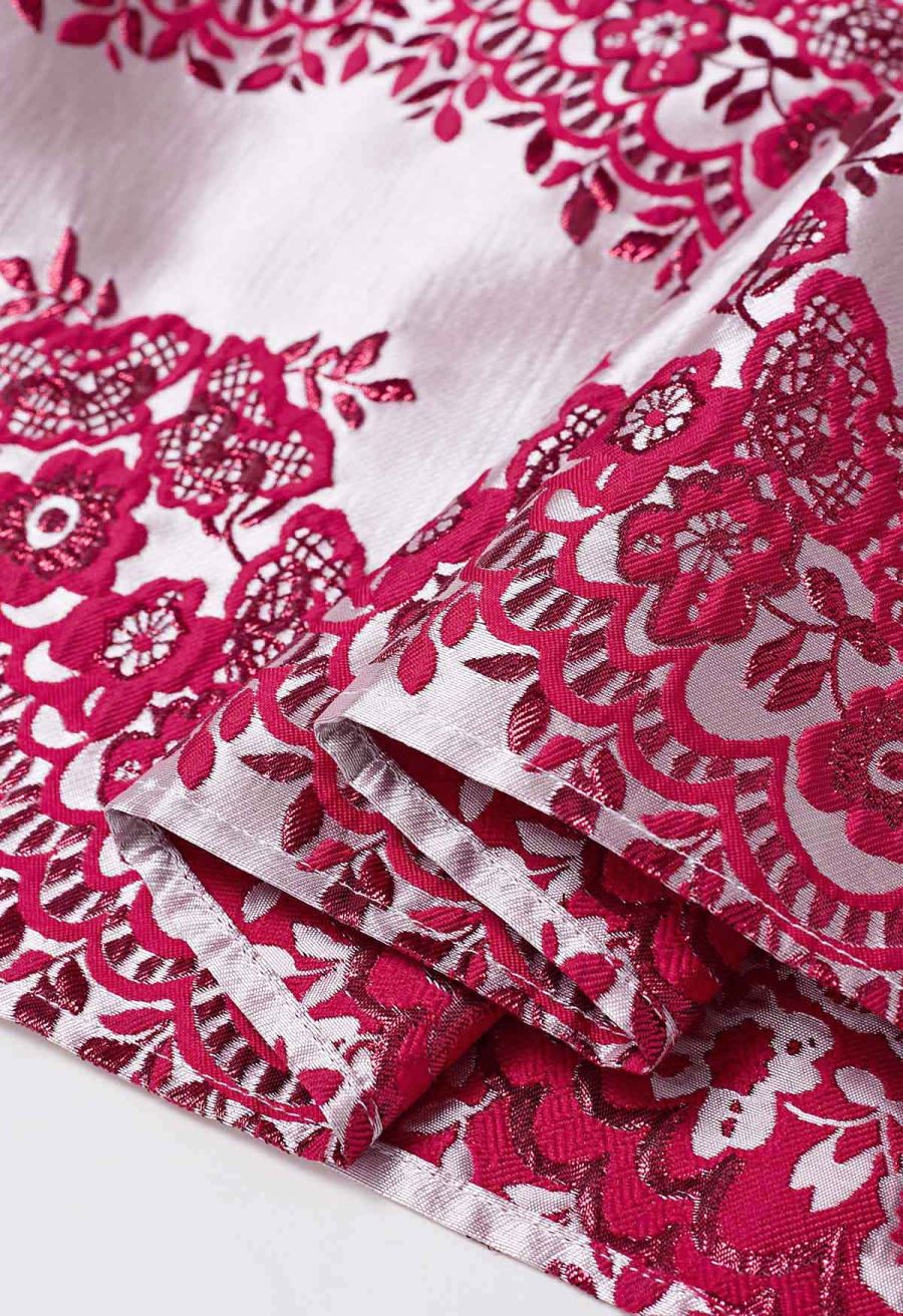 Magnificent Floral Jacquard Pleated Midi Skirt in Red