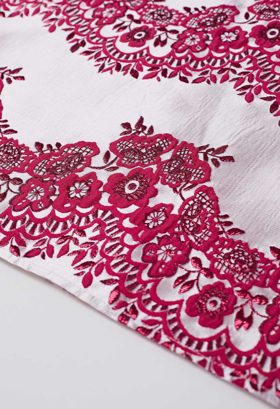 Magnificent Floral Jacquard Pleated Midi Skirt in Red