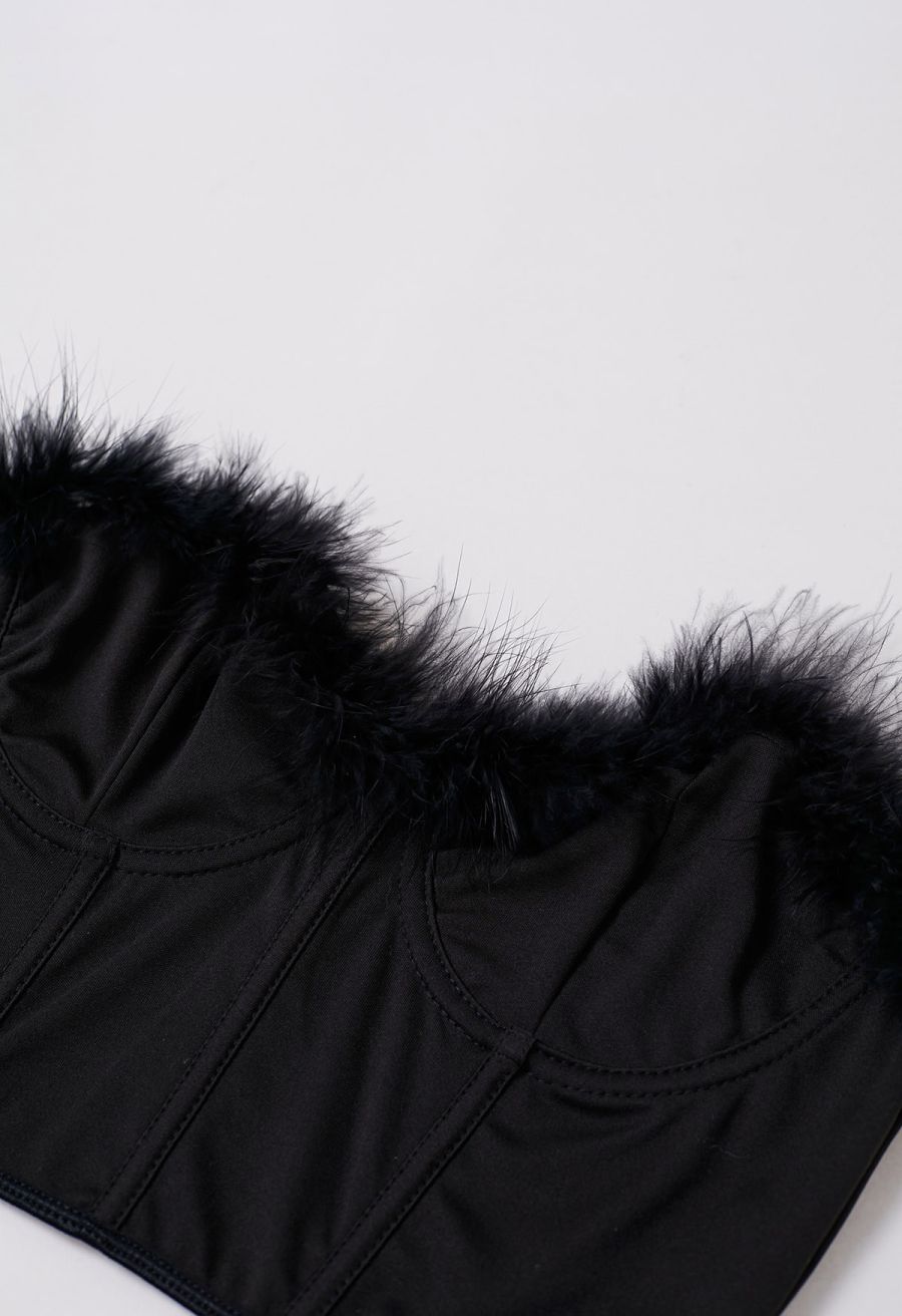 Feather Trim Bustier Crop Top in Black