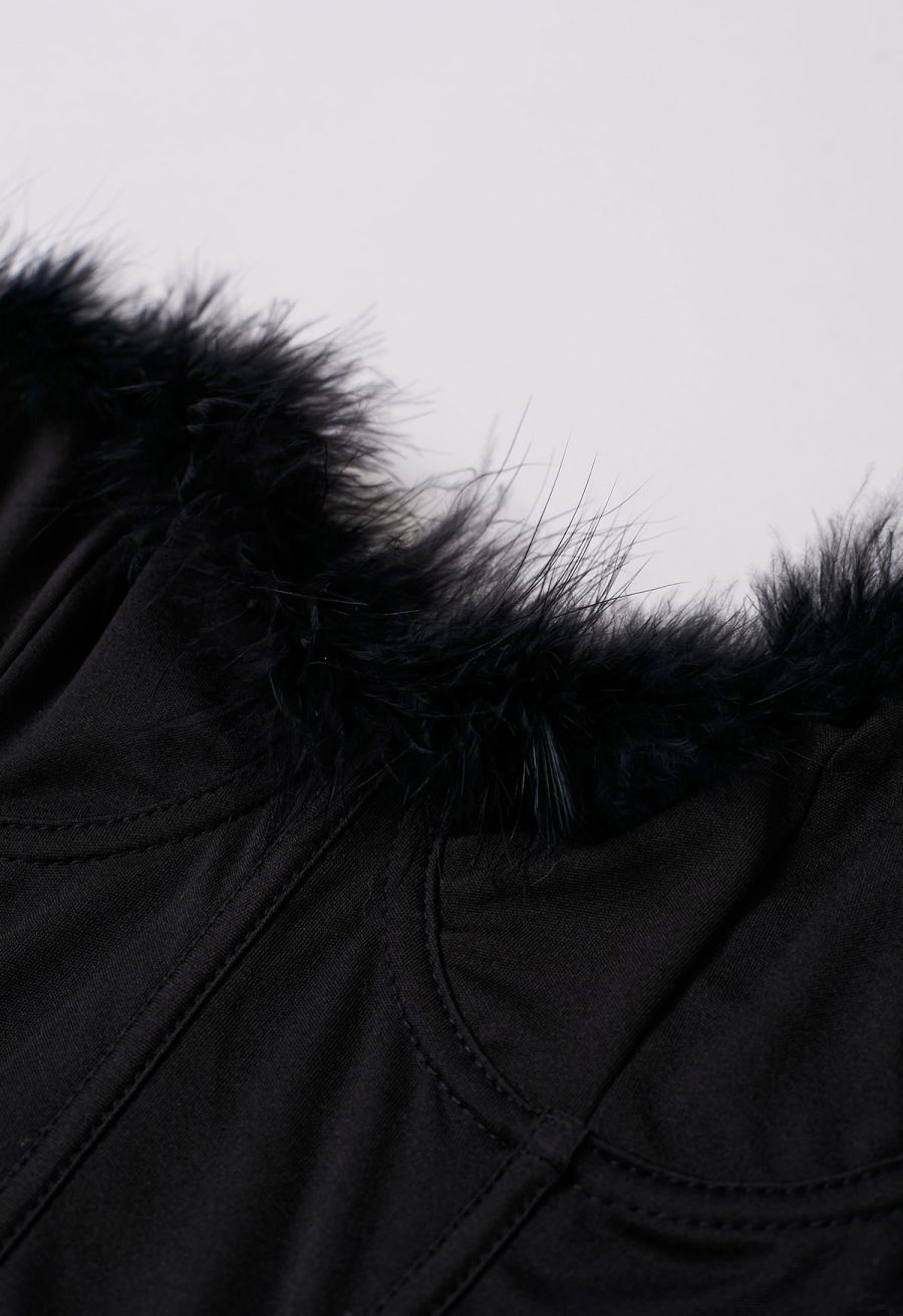 Feather Trim Bustier Crop Top in Black