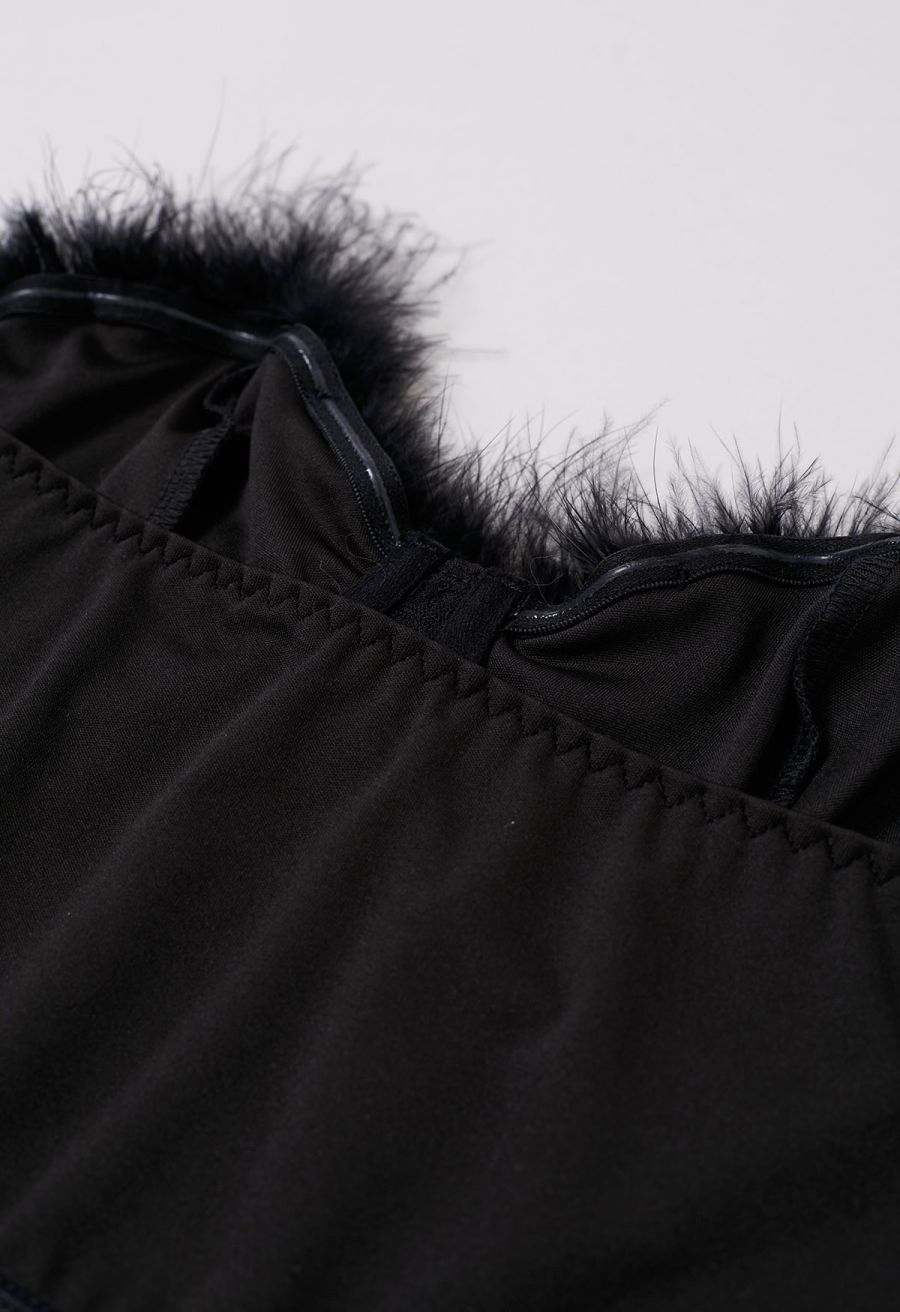 Feather Trim Bustier Crop Top in Black