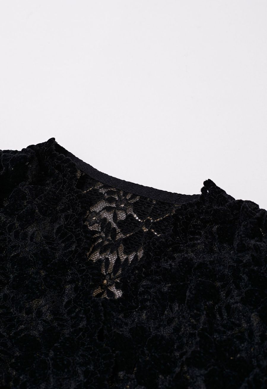 Exquisite Floral Lace Crop Wrap Top in Black