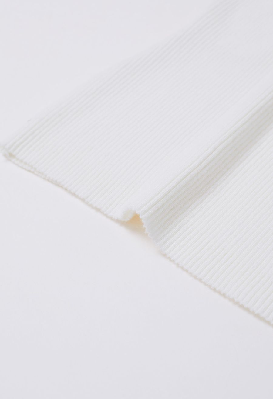 Scalloped Edge Square Neck Short Sleeve Knit Top in White