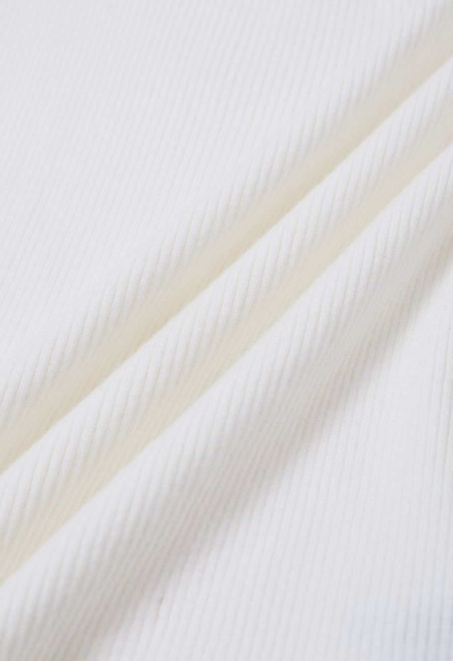Scalloped Edge Square Neck Short Sleeve Knit Top in White