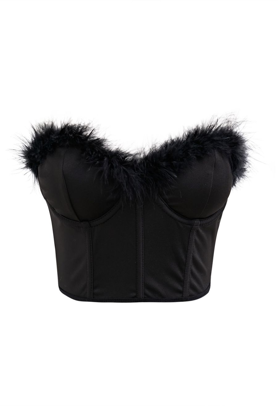 Feather Trim Bustier Crop Top in Black