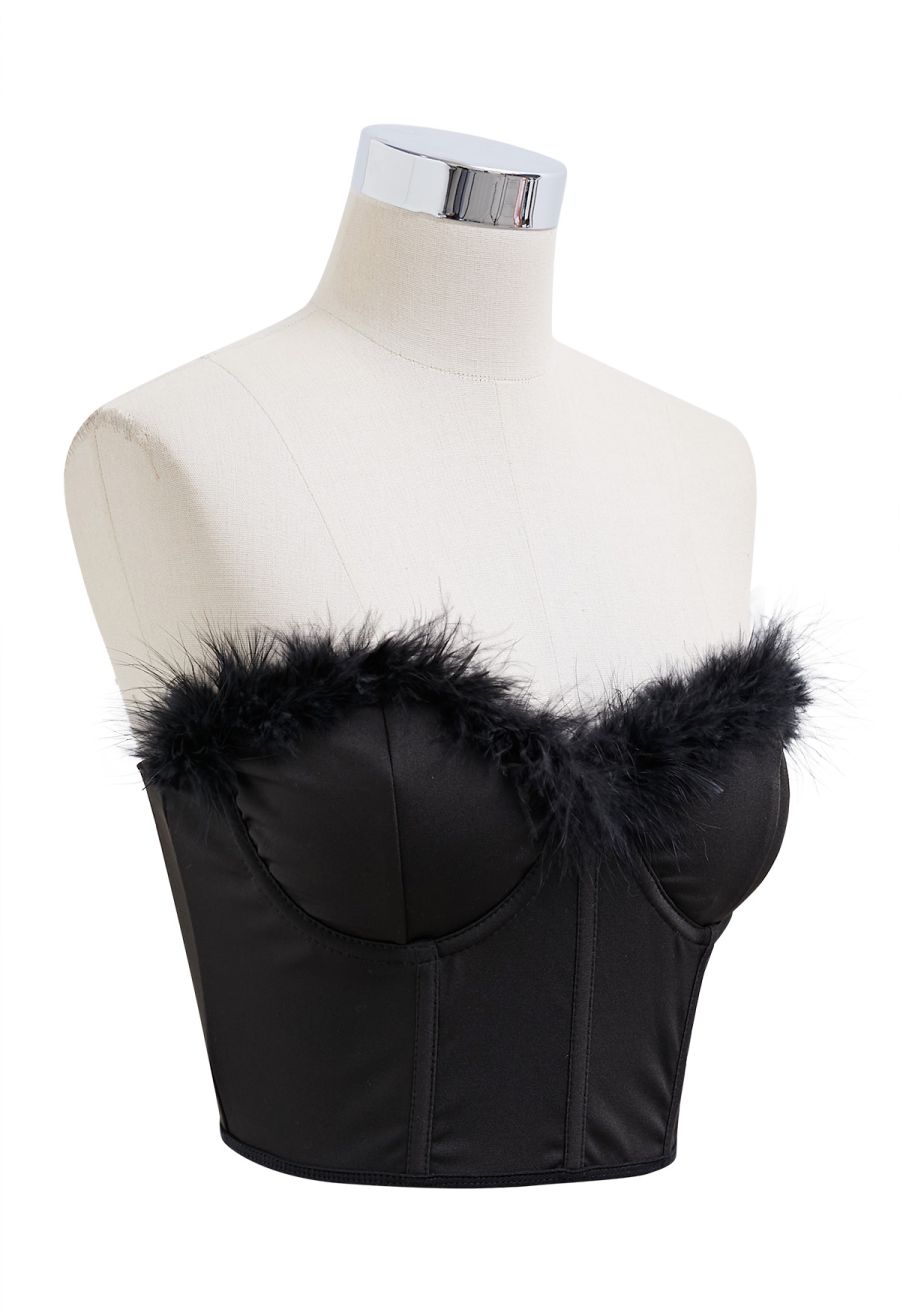 Feather Trim Bustier Crop Top in Black