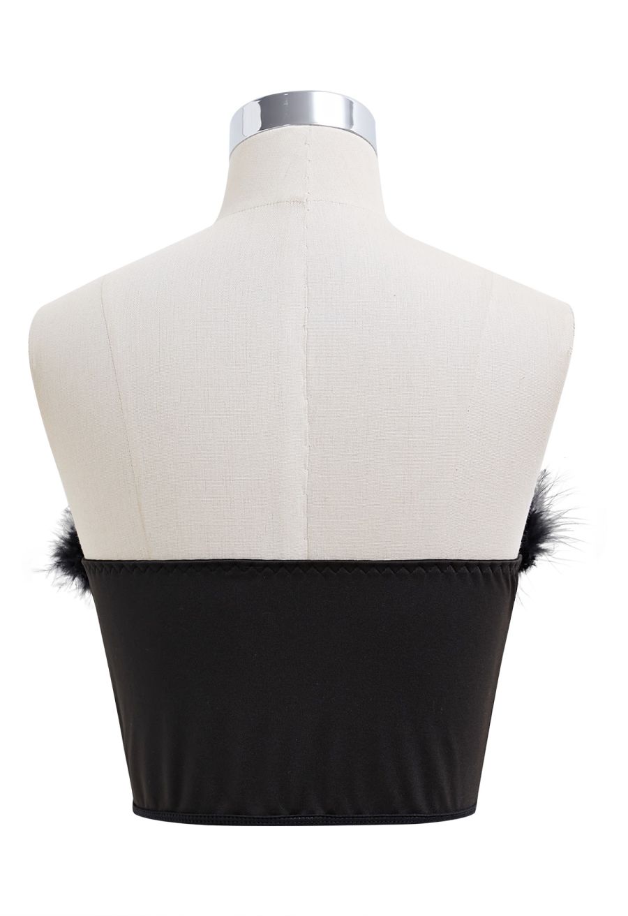 Feather Trim Bustier Crop Top in Black