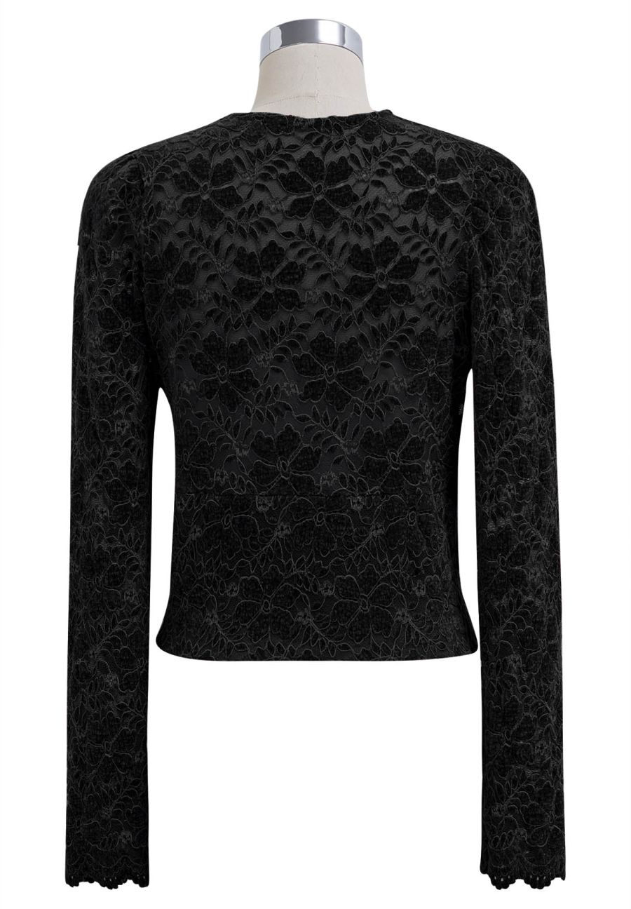 Exquisite Floral Lace Crop Wrap Top in Black