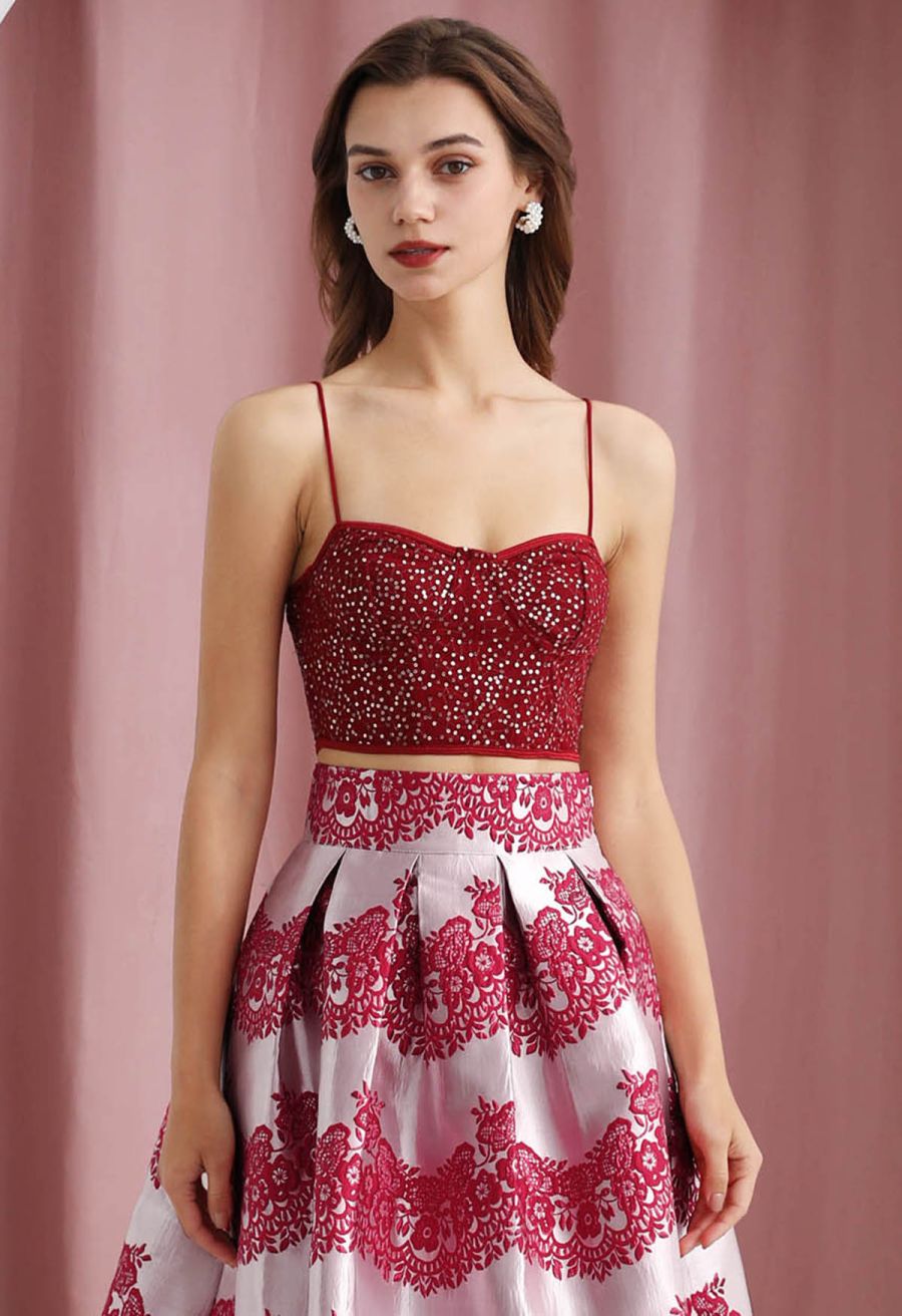 Sequin Embroidered Corset Bustier Top in Burgundy