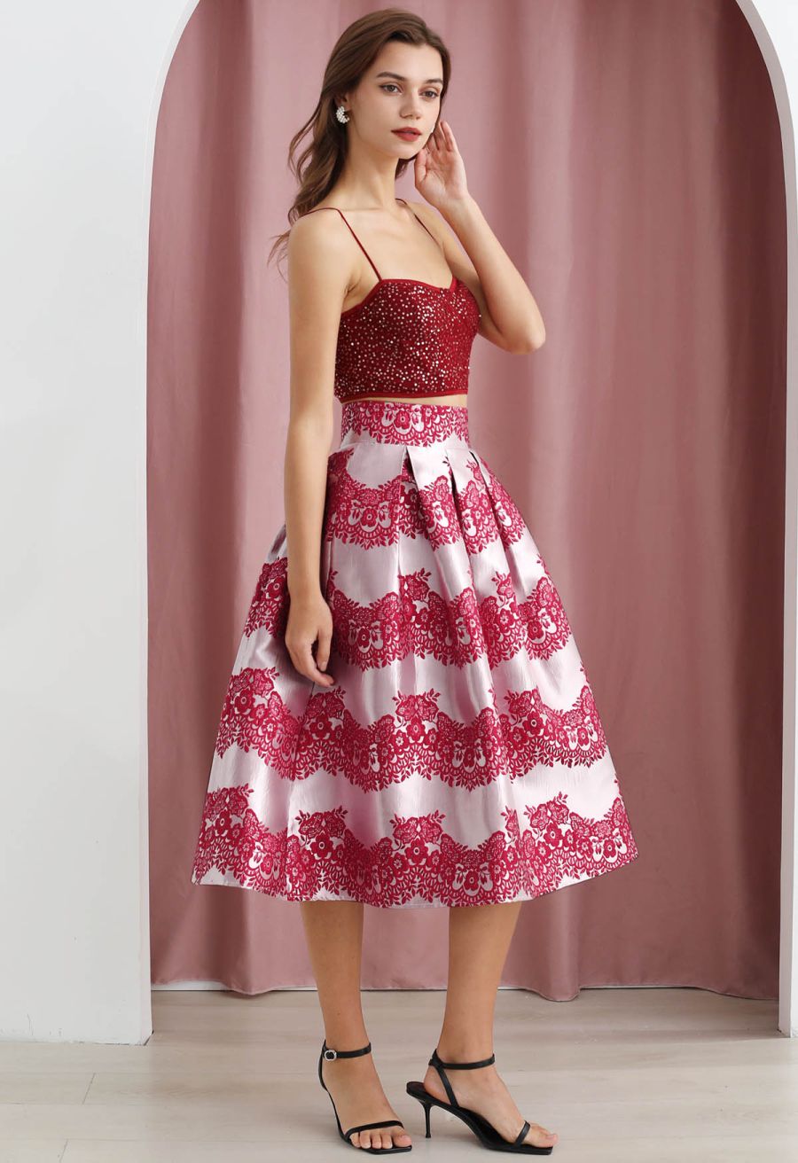 Magnificent Floral Jacquard Pleated Midi Skirt in Red