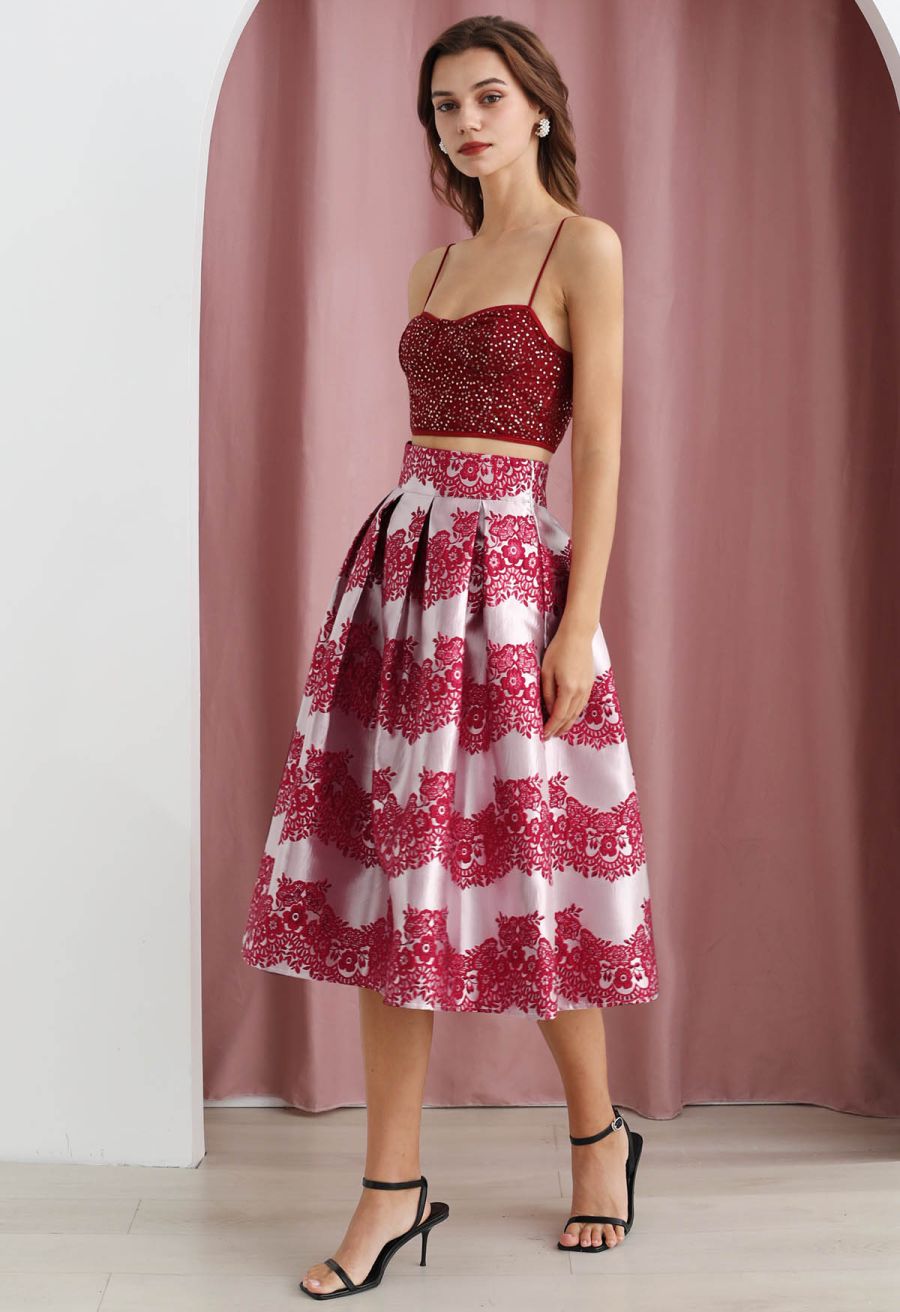 Magnificent Floral Jacquard Pleated Midi Skirt in Red