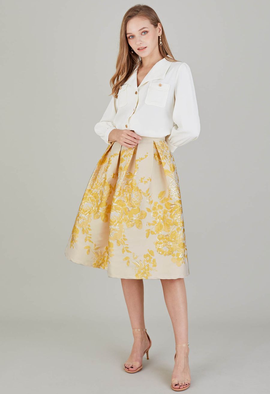 Ebullient Peony Jacquard Pleated Midi Skirt in Yellow
