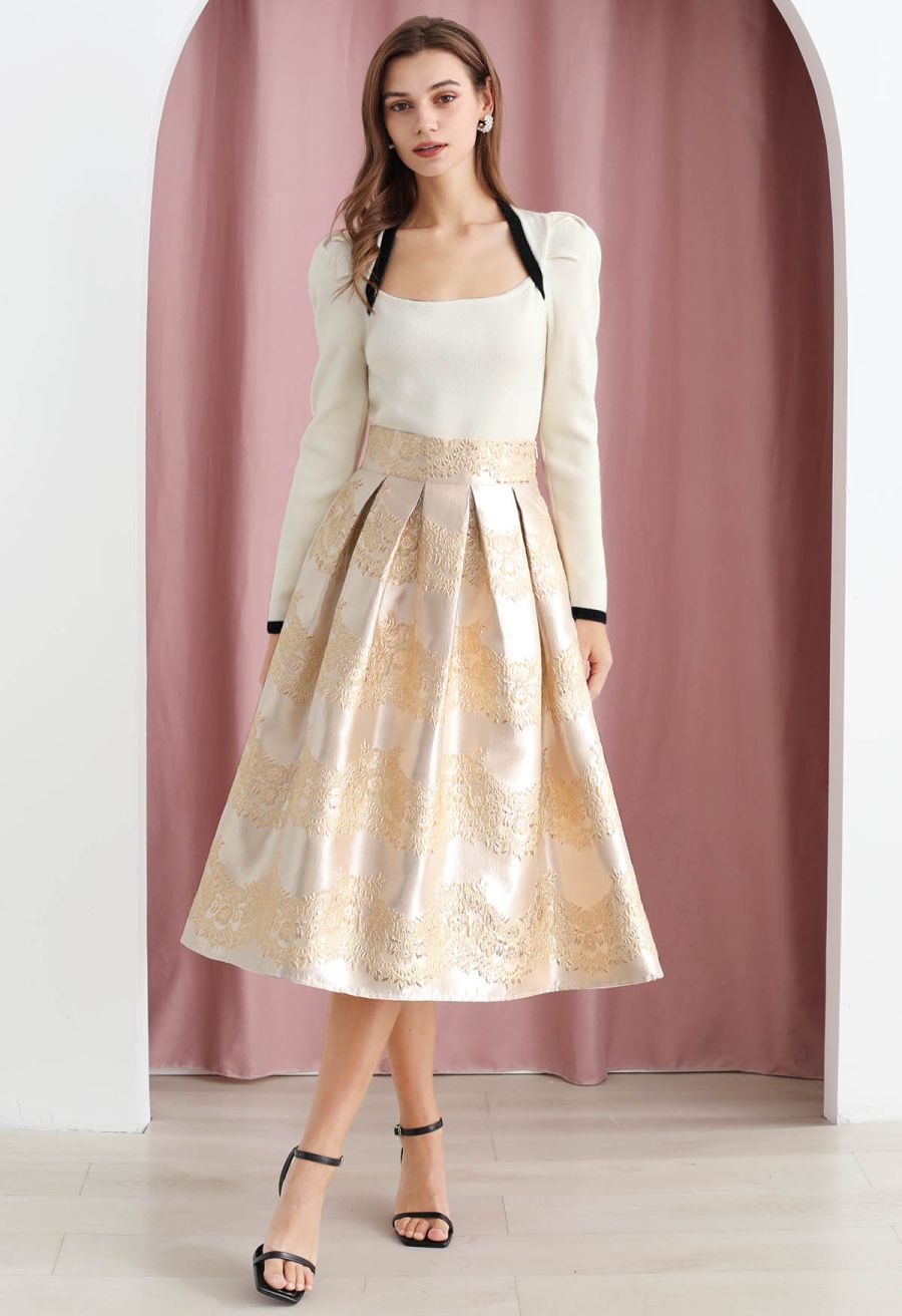 Magnificent Floral Jacquard Pleated Midi Skirt in Champagne