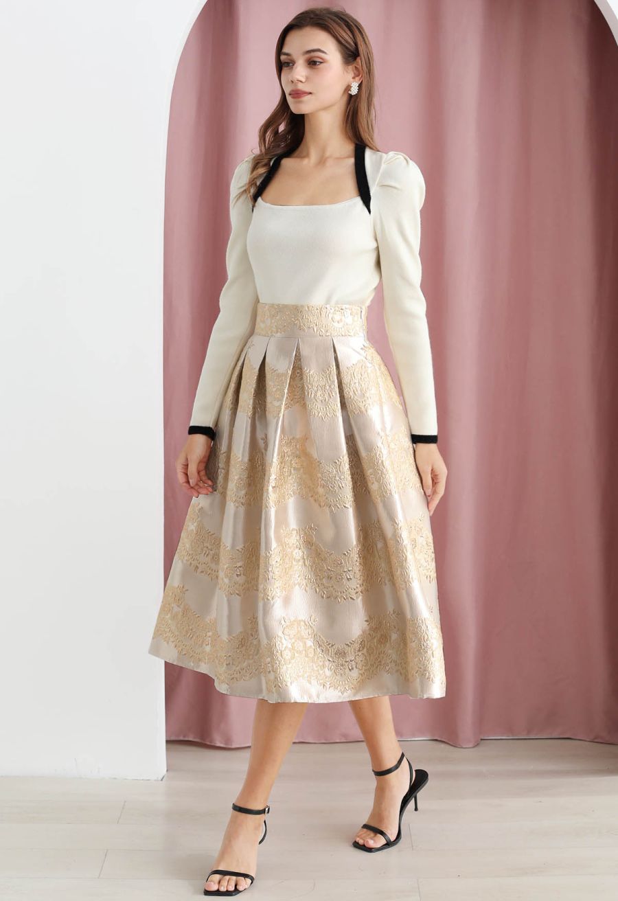 Magnificent Floral Jacquard Pleated Midi Skirt in Champagne