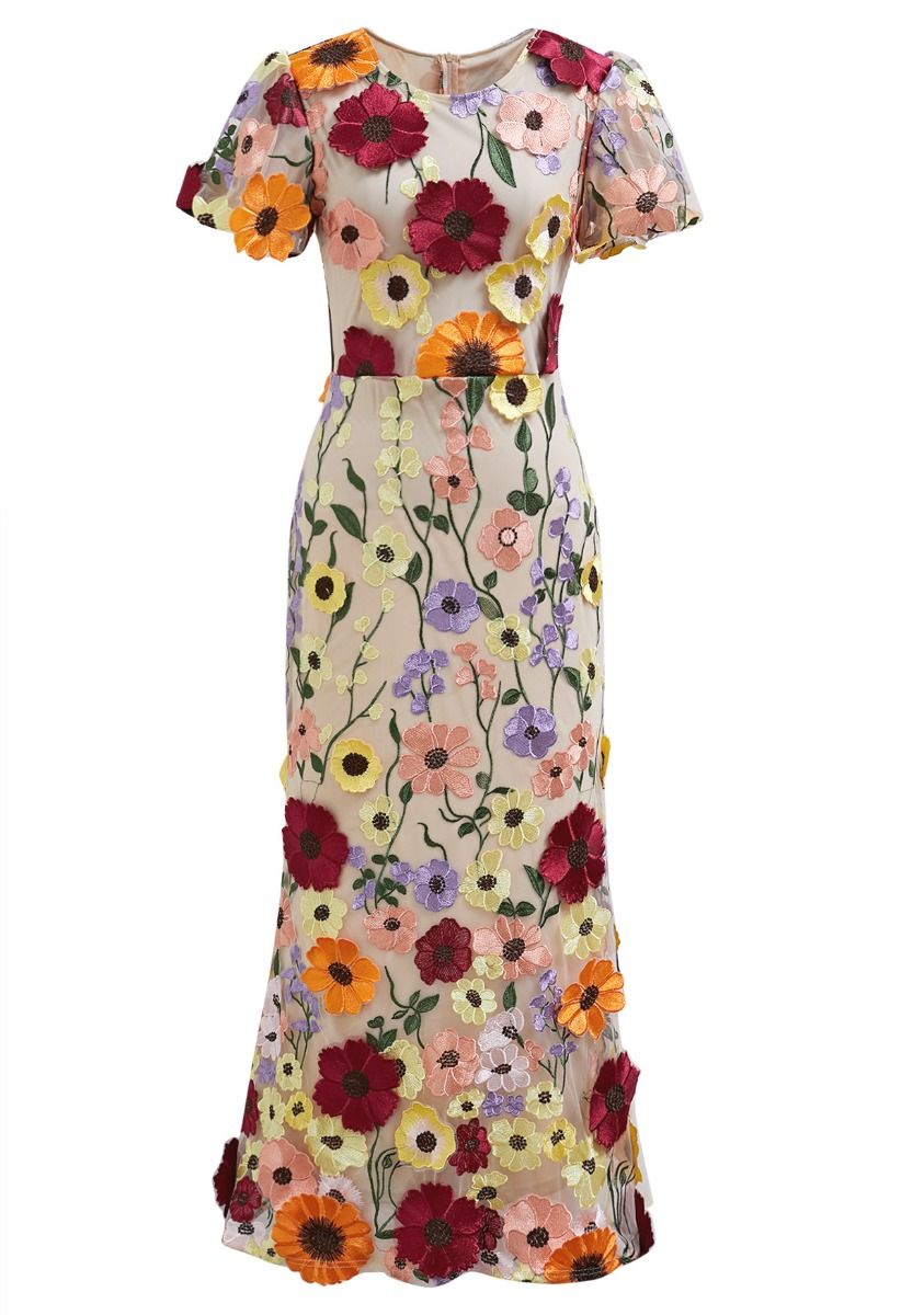 3D Floral Applique Mesh Tulle Mermaid Maxi Dress in Apricot