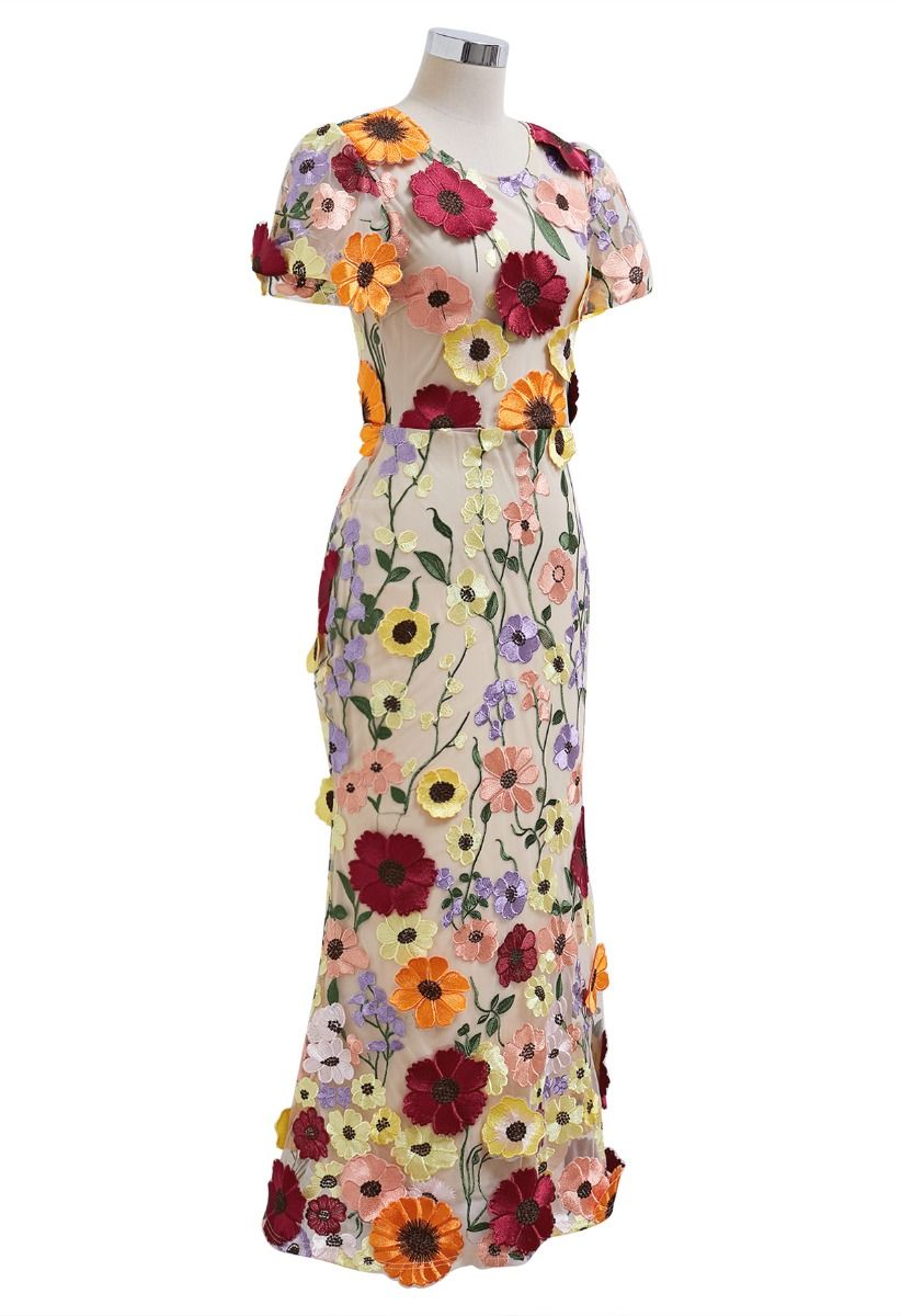 3D Floral Applique Mesh Tulle Mermaid Maxi Dress in Apricot