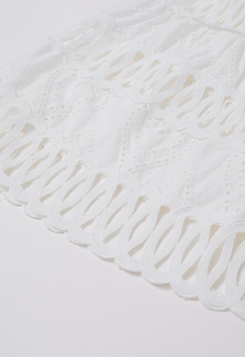 Geometric Eyelet Embroidered Square Neck Sleeveless Dress in White