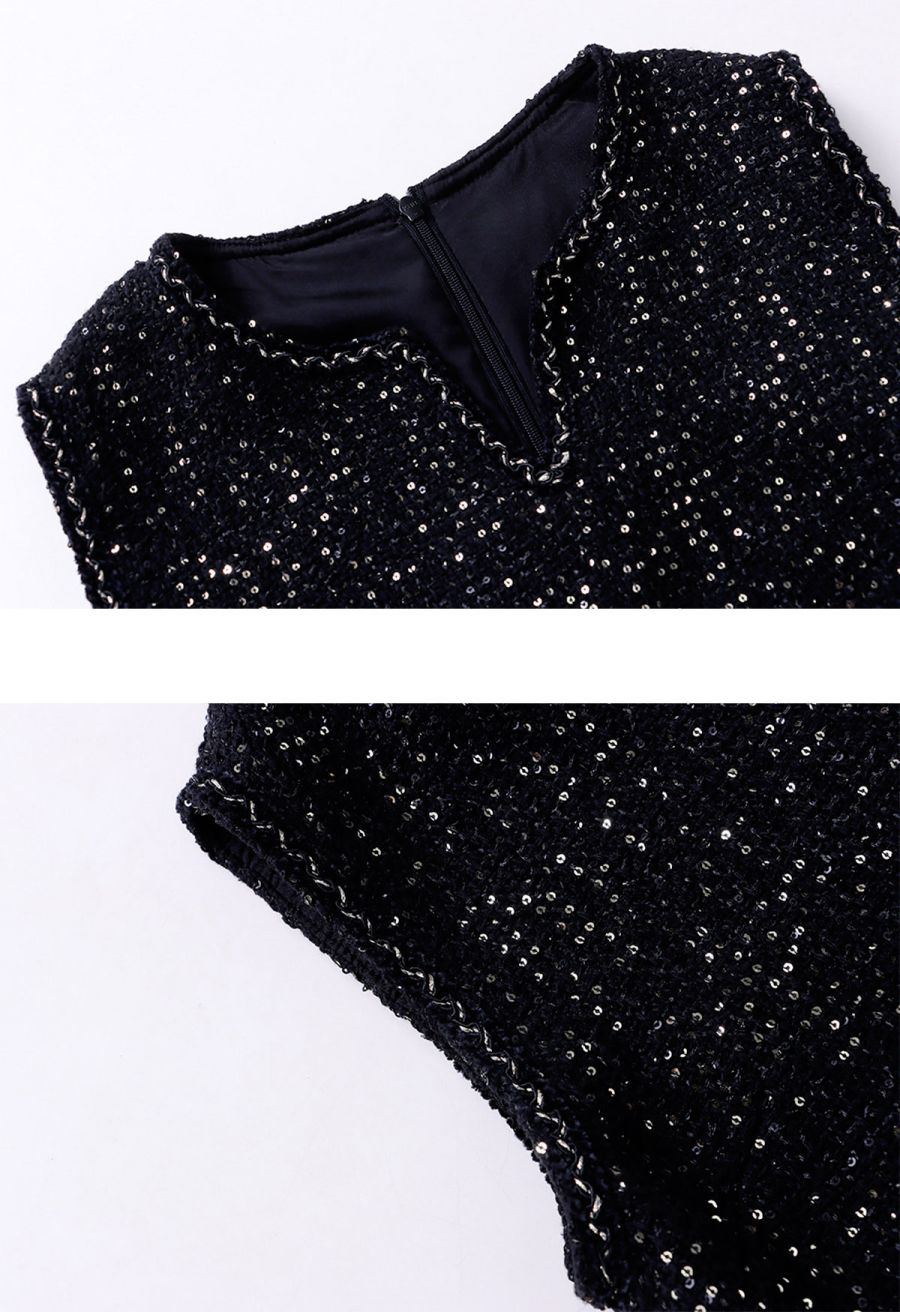 Sequin Embroidery Sleeveless Tweed Dress in Black