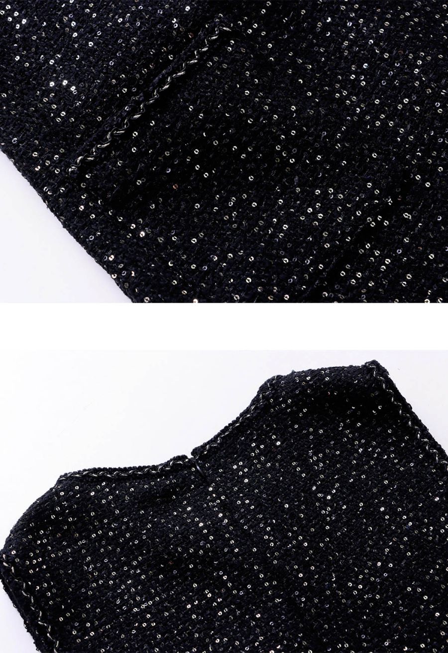 Sequin Embroidery Sleeveless Tweed Dress in Black