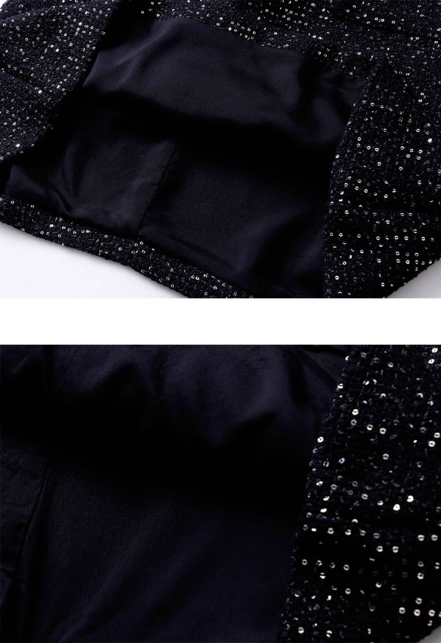 Sequin Embroidery Sleeveless Tweed Dress in Black