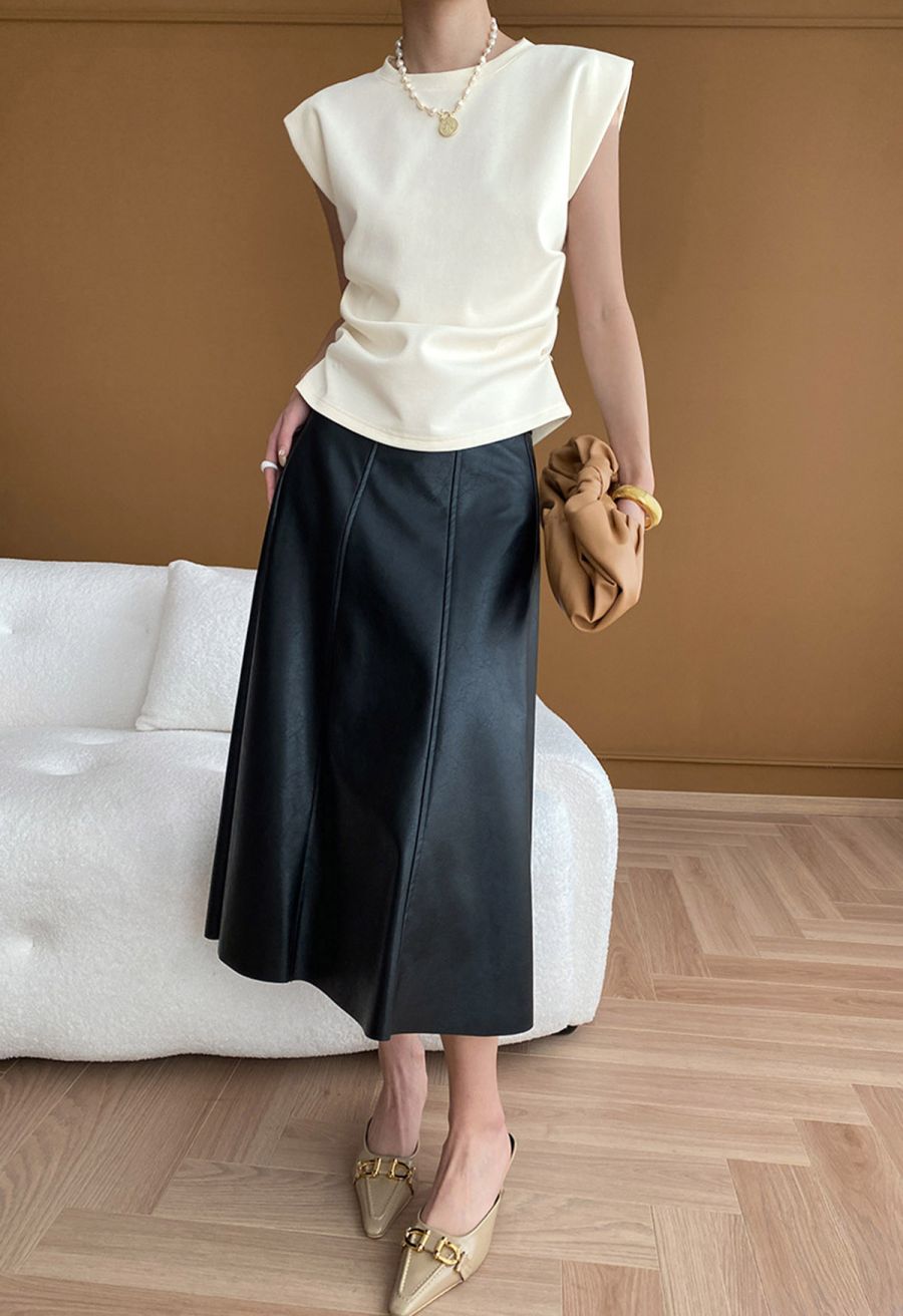 Buttoned Ruched Sleeveless Top in Ivory