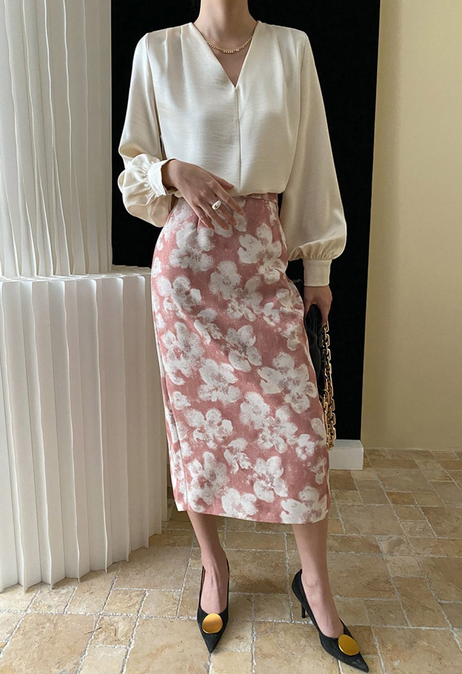 Graceful Floral Pencil Midi Skirt in Coral